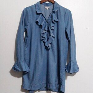 Red Camel Blouse Tunic L Poet Style Chambray Romantic Boho Ruffle Bell Sleeve